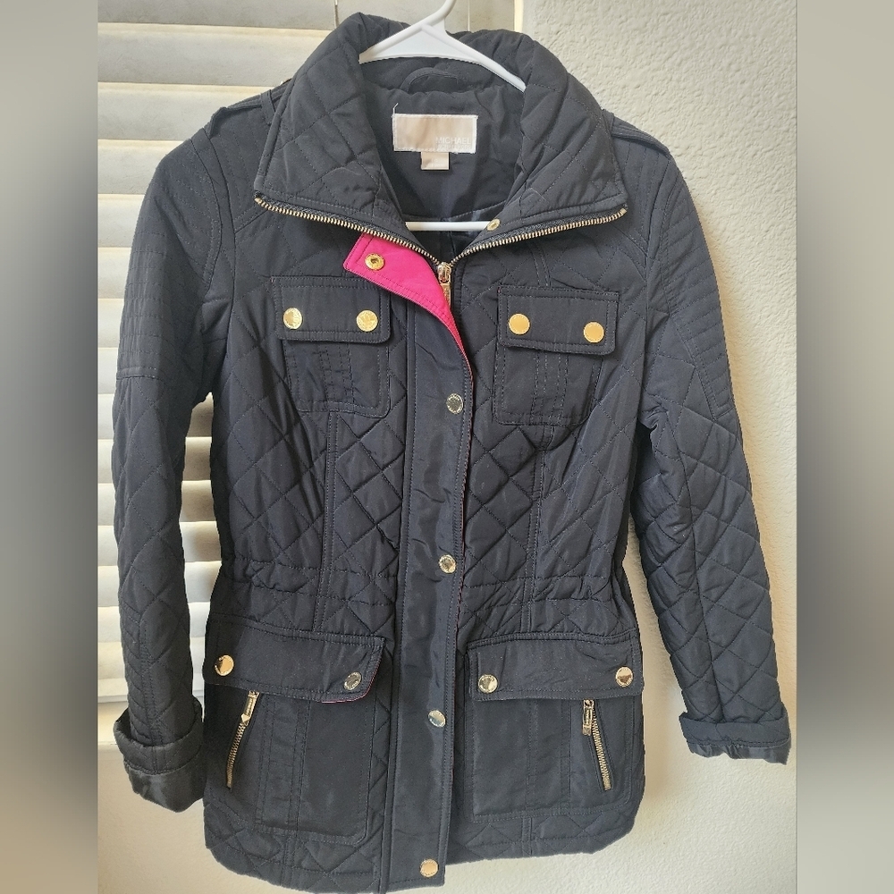 Michael Kors Black Quilted M65 Field Jacket | Pink Trim & Gold Hardware XSP - Picture 3 of 16